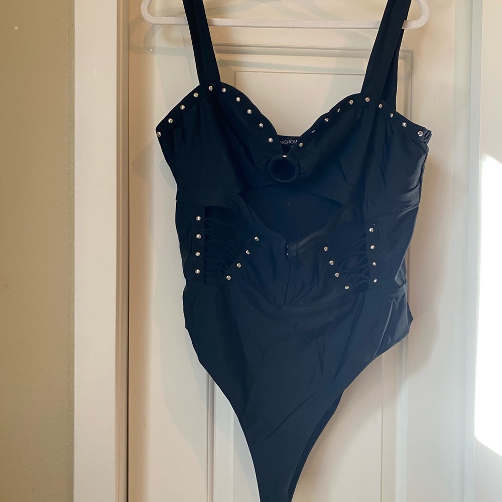 Black Studded Cutout Bodysuit 2X